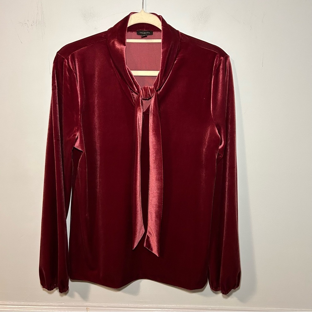 Talbots Burgundy Velour along Sleeve Tie Blouse Size Medium